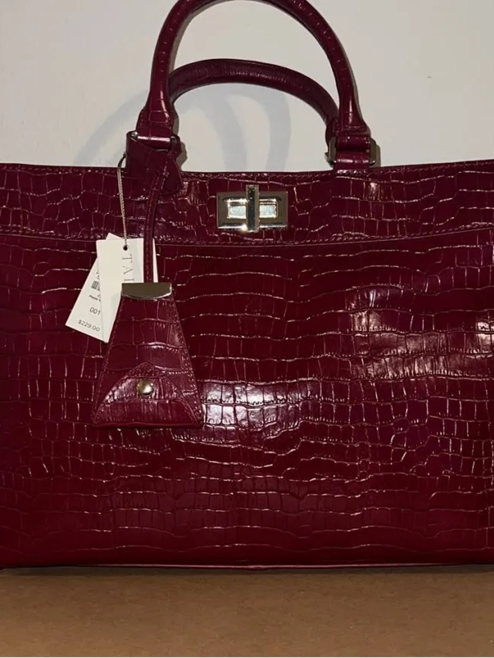 Talbots ~ Deep Red Croc-Embossed Tote Bag with Turn-Lock Closure - Picture 10 of 10